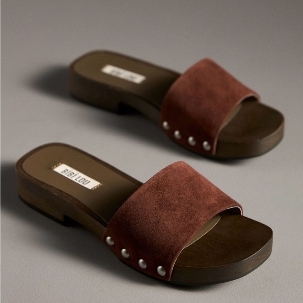 NWT BIBI LOU at ANTHROPOLOGIE Wood-Bottom Slides in Cocoa Sz 6-6.5